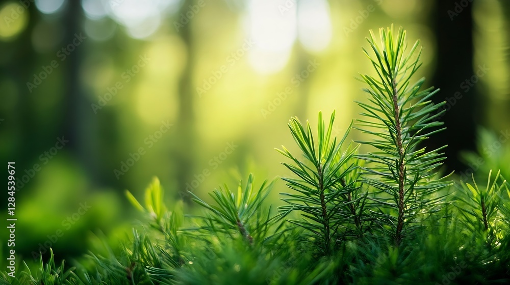 Poster natural green pine needles illuminated by soft morning sunlight in a forest setting : generative ai