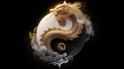 Gold and white Dragon Yin-Yang Symbol, a majestic dragon coiling seamlessly within the iconic yin-yang design, embodying strength, harmony, and duality.
