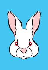 White rabbit face drawing on blue background