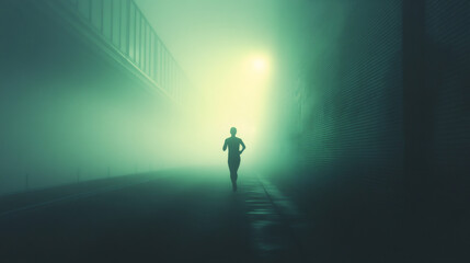 Fototapeta premium Athletic runner piercing misty darkness beneath urban bridge, silhouetted against luminous background, reflecting intense personal drive