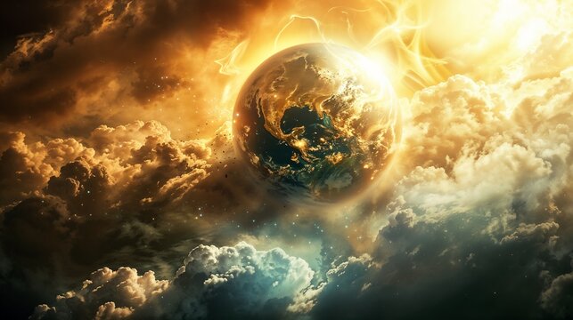 Earth engulfed in cosmic energy surrounded by golden clouds depicting mystical prophecies of global transformation and celestial awakening. Symbolic representation of planetary consciousness evolution