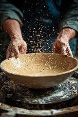 Fototapeta premium Close up of a potters fingers delicately shaping a clay bowl on a spinning wheel water droplets and clay textures highlighted