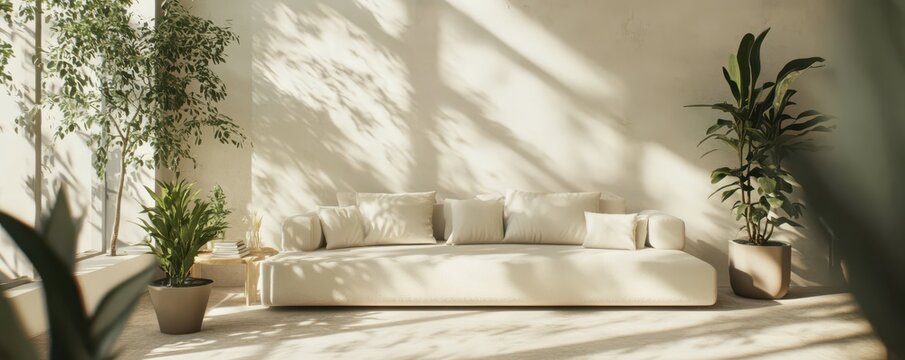 Minimalist living room with light sofa and indoor plants in sunlit space