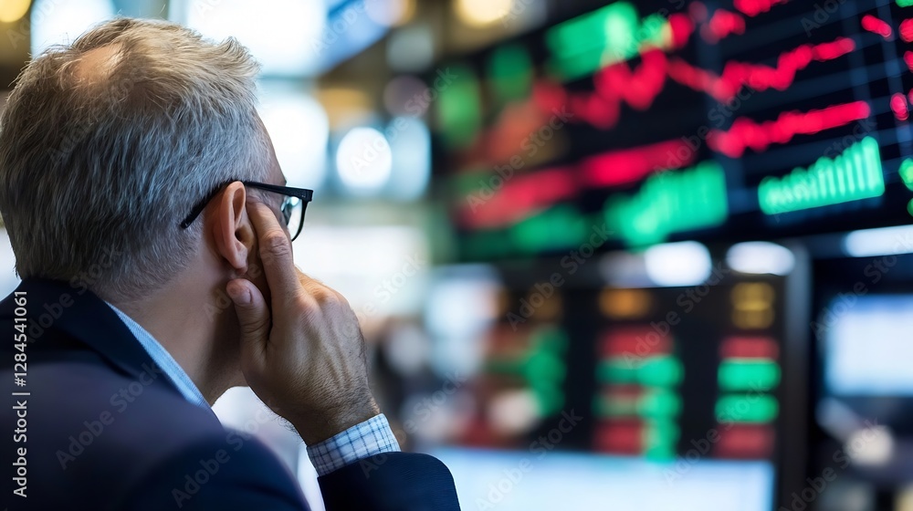 Aufkleber focused businessman analyzing stock market trends from multiple digital displays in a modern office 