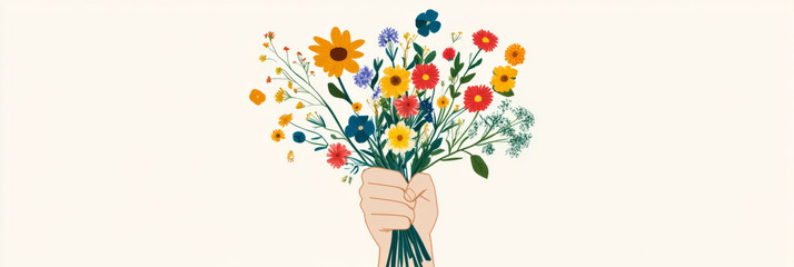 A strong, hopeful illustration of a raised fist grasping a bunch of wildflowers, representing ecological activism and environmental change, ideal for eco-conscious campaigns, banner