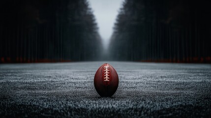 Football on Grassy Field Amidst Foggy Forest Landscape