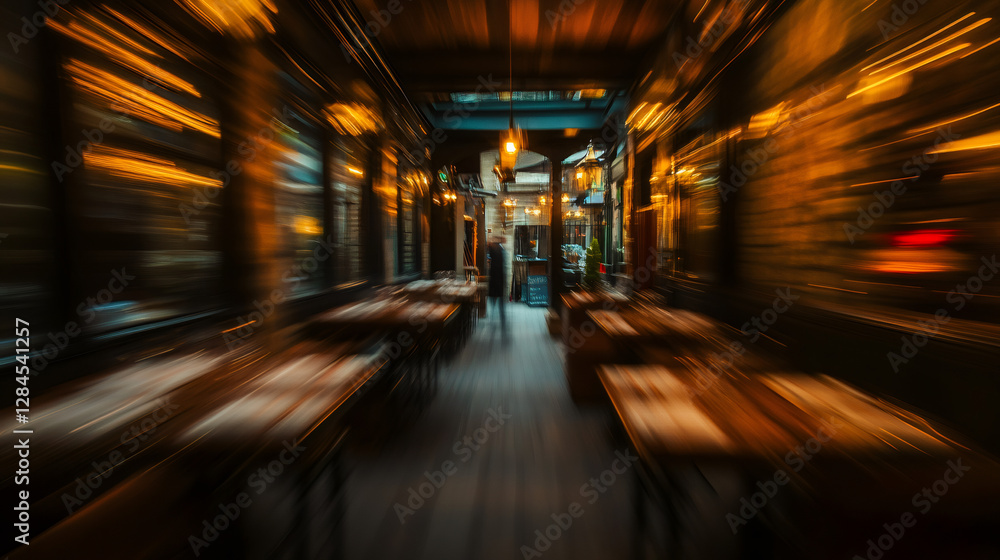 Poster Radial zoom effect inside a restaurant with warm lights illuminating wooden tables and a waiter walking