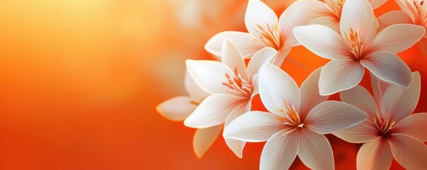 Fototapeta premium Orange background with white lily flowers in soft focus