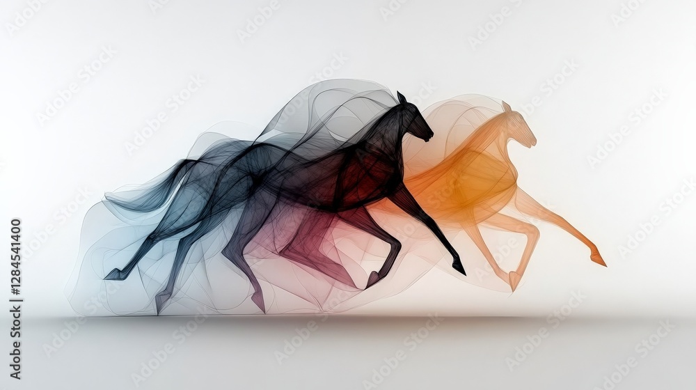 Poster artistic representation of running horses in fluid motion design