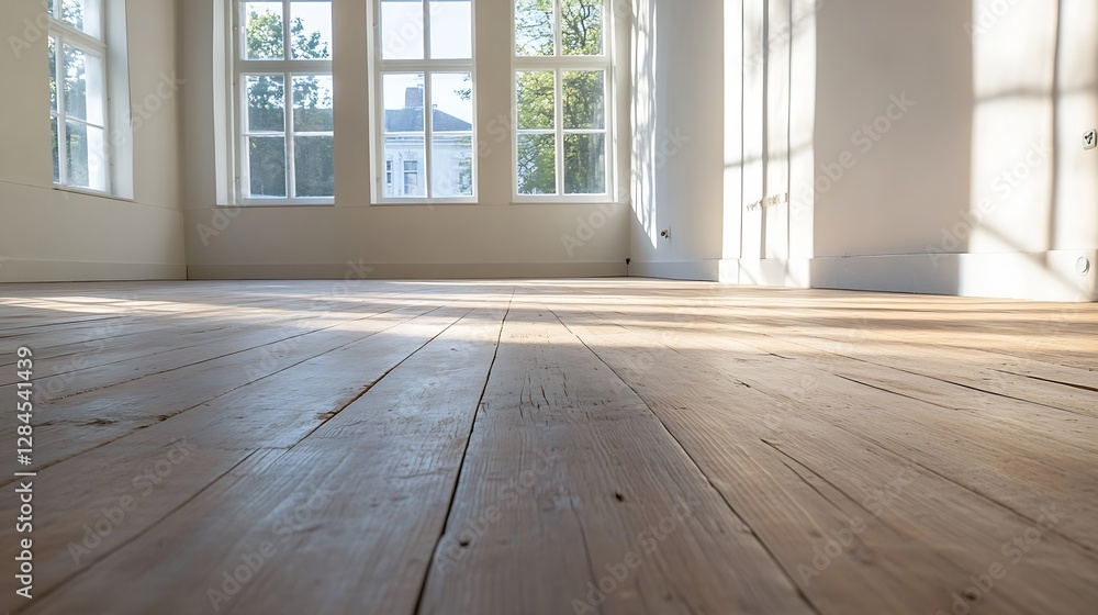 Poster sunny empty room with large windows illuminating wooden floor enhancing spacious ambiance : generati