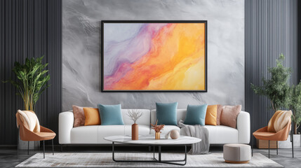 Frame Mockup Displayed in a Sophisticated Contemporary Living Room with Marble Accents, Luxurious Textiles, and Clean Modern Lines