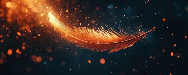 Glowing feather floating amidst sparkling particles and vibrant light effects