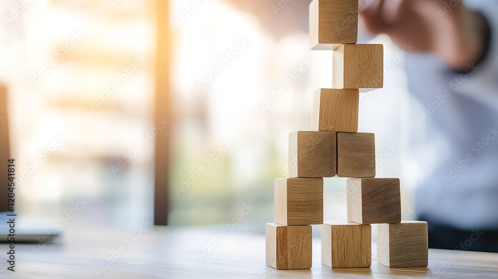 Poster Creative Stacked Wooden Blocks on a Table with a Bright Out of Focus Background : Generative AI