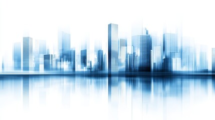 Fototapeta premium Abstract city skyline with blurred buildings reflecting on water, evoking a tranquil urban atmosphere