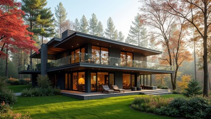 Obraz premium A Beautifully Designed Modern House Stands in a Lively Spring Forest, Adorned With Holiday Decorations