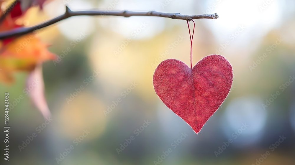Poster beautiful heart shaped red leaf hanging from branch capturing autumn essence : generative ai