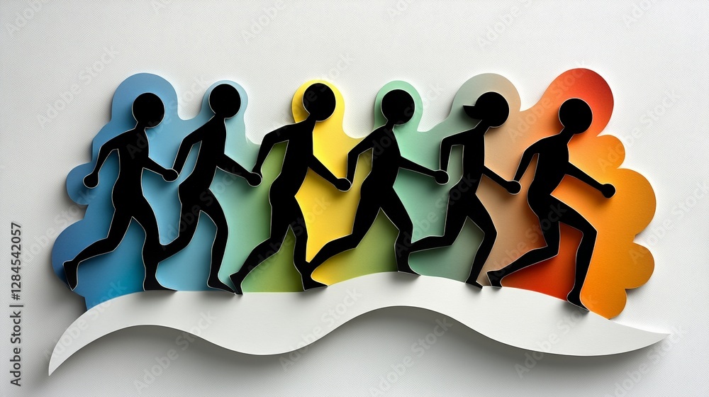 Poster silhouette of running figures with colorful background design