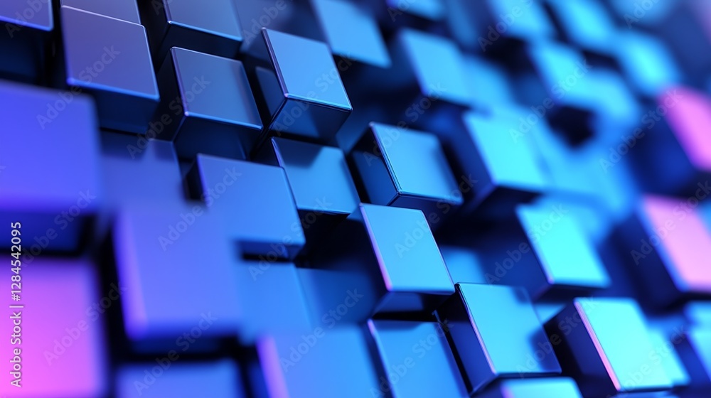 Poster abstract composition of vibrant blue and purple cubes creating a dynamic 3d pattern