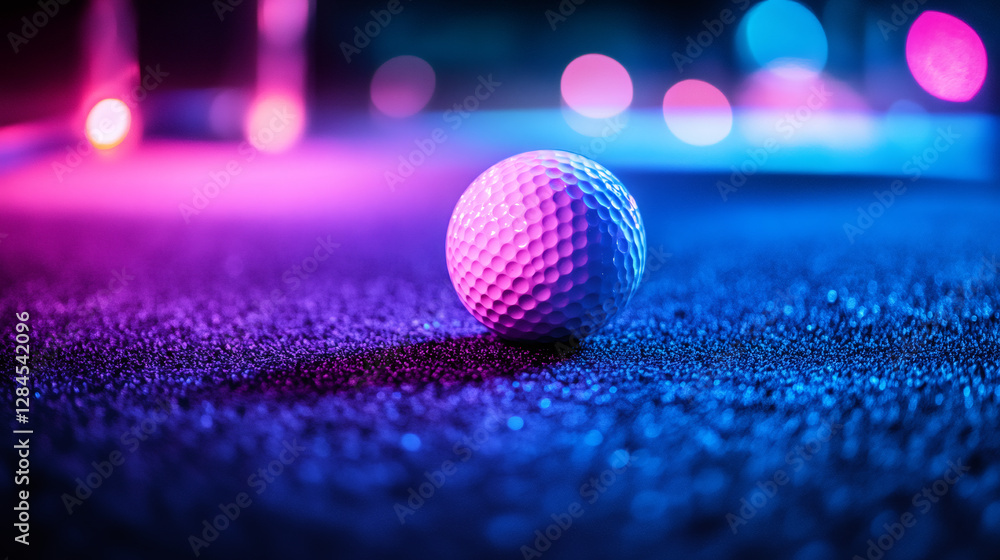 Poster white golf ball illuminated by neon lights on artificial grass creating a vibrant and colorful scene