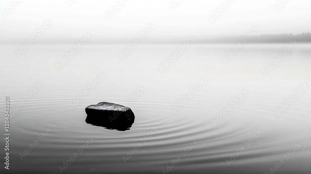 Poster serene black and white landscape featuring a single rock in calm waters with gentle ripples : genera
