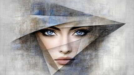 Abstract Portrait of a Woman with Striking Blue Eyes and Textures