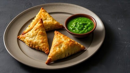 Delicious Samosas with Green Chutney on a Rustic Plate