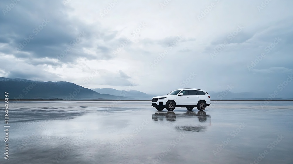 Aufkleber sleek modern suv parked on a reflective wet surface with dramatic cloudy backdrop : generative ai
