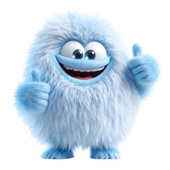 A Fluffy 3D Cartoon Blue Furry Monster Giving a Glowing Thumbs-Up Isolated on Transparent Background