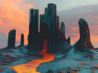 ancient ruins, lava flow, volcanic landscape, dramatic lighting, dark background