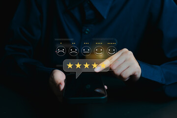User Reviews and Feedback with Smiley Faces and Rating Stars, business concept