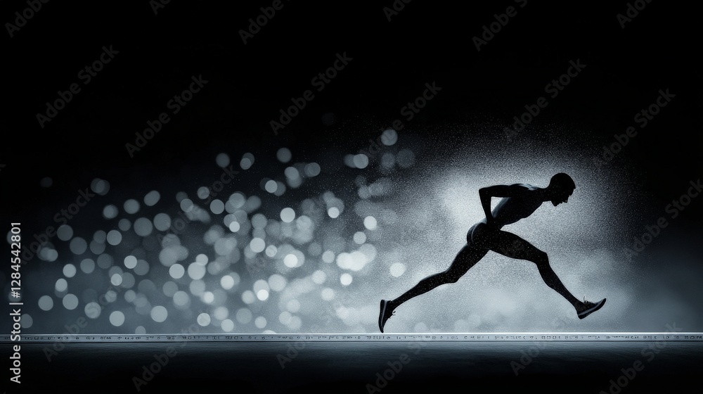 Poster dynamic athlete in motion on dark background with abstract lights