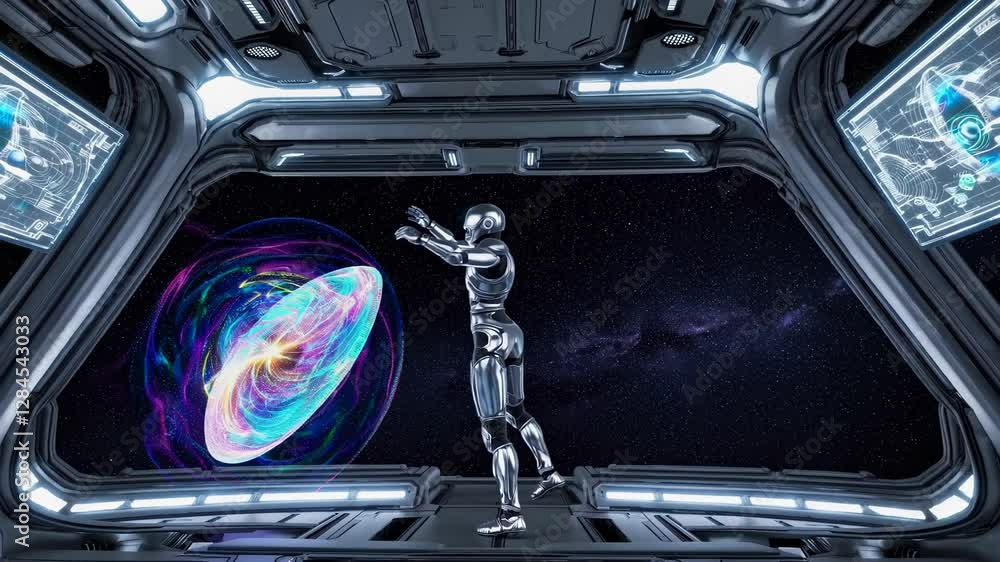 Aufkleber robot interacts with colorful energy vortex in spaceship, concept of ai exploration and cosmic inter