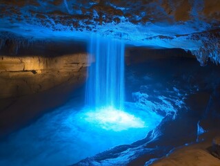 Naklejka premium glowing waterfall, cave, blue light, mystical ambiance, fantasy landscape
