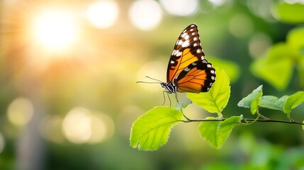 Fototapeta premium Beautiful butterfly perched on a green leaf with sunlight illuminating its wings in a serene garden : Generative AI