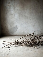 A rustic collection of twigs and branches artistically arranged in an empty room setting : Generative AI