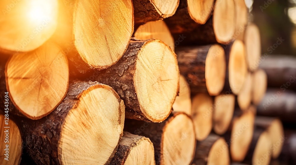 Poster stacked wooden logs showcasing natural texture and warm sunlight in a serene forest setting : genera