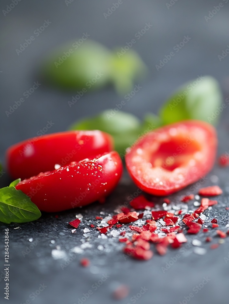 Aufkleber sliced ripe red tomatoes sprinkled with salt on a dark background presenting culinary freshness and 