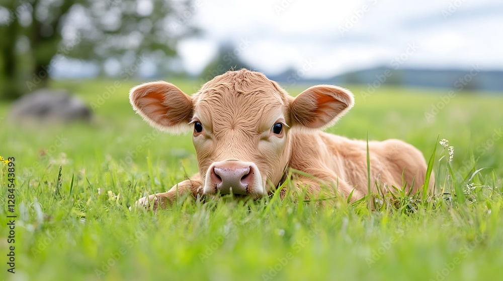 Poster Cute calf lying in a grassy field with gentle background and serene environment on a sunny day : Generative AI