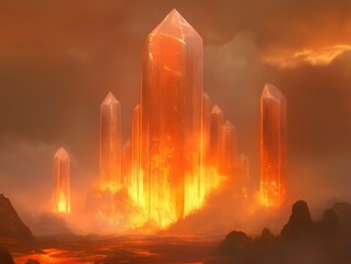 crystal spires, fiery base, volcanic landscape, dramatic lighting, fantasy setting