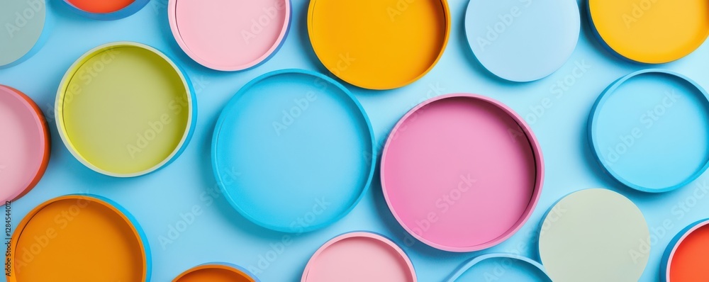 Poster colorful circular objects on light blue background