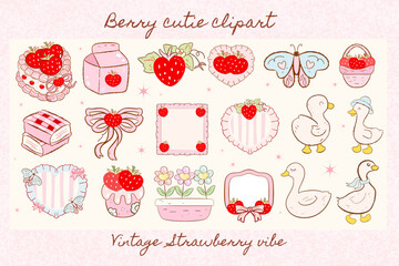 strawberry with bow coquette clipart, cute, y2k, coquette aesthetic, bows clipart, silly goose, Coquette, pink ribbon, Pink Coquette easter Clipart Vintage clipart retro Decoration valentine