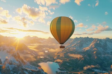 Fototapeta premium Aerial view of a hot air balloon soaring above mountain landscapes