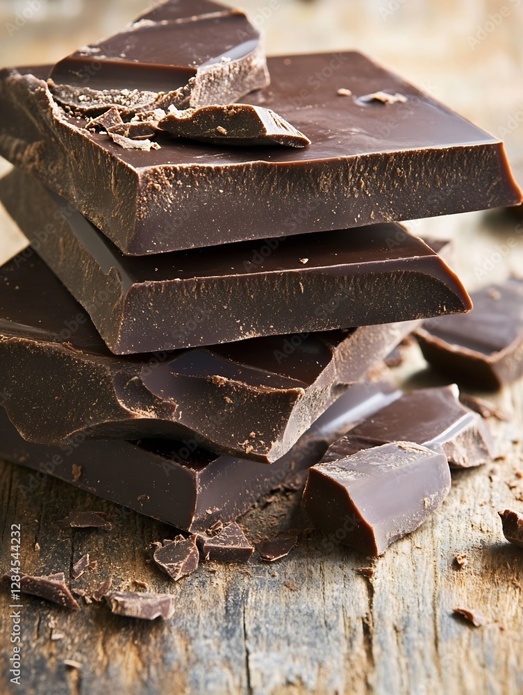 Poster rich dark chocolate blocks piled on wooden surface highlighting texture and color : generative ai