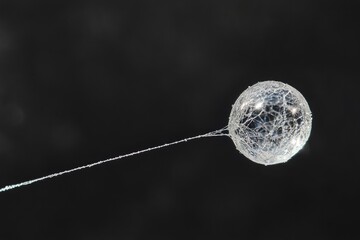 Dew-covered spider silk orb hangs delicately from a thin strand against a dark background.