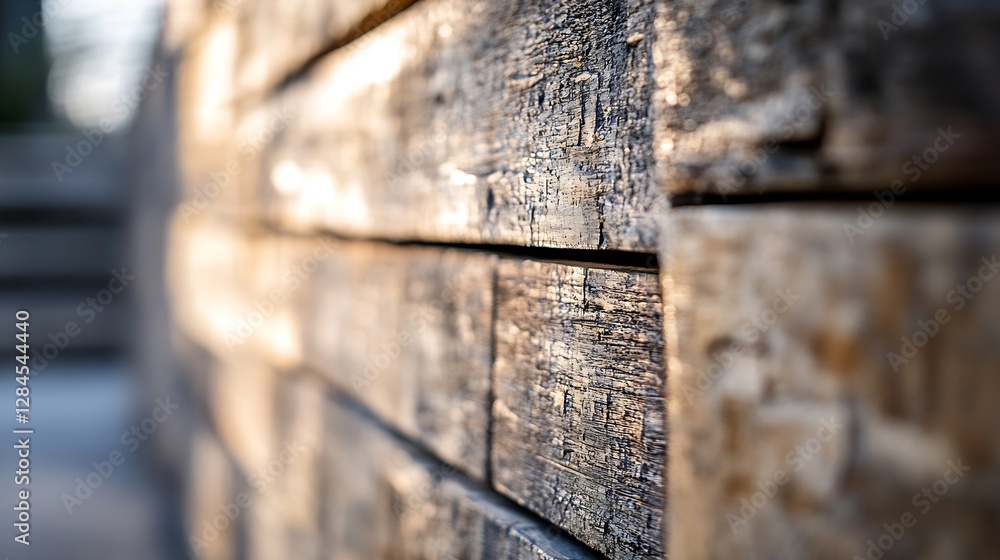 Aufkleber Close Up of Weathered Wooden Planks Showing the Natural Grain Texture in Soft Light : Generative AI