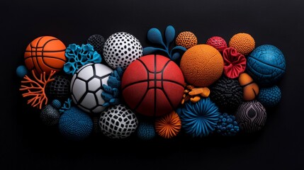 Obraz premium Colorful Arrangement of Different Sports Balls and Textures on Black