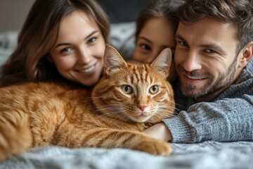 Fototapeta na wymiar Family enjoys cozy moments with their orange cat at home in a warm, inviting atmosphere during a relaxed afternoon