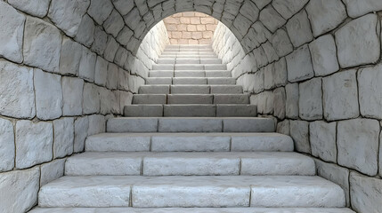 Fototapeta premium Stone staircase leads upward through a vaulted masonry archway toward bright daylight.
