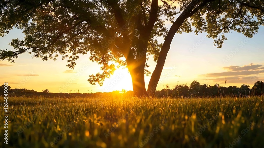 Poster beautiful tree silhouetted against glowing sunset light in grassy field creating a peaceful atmosphe