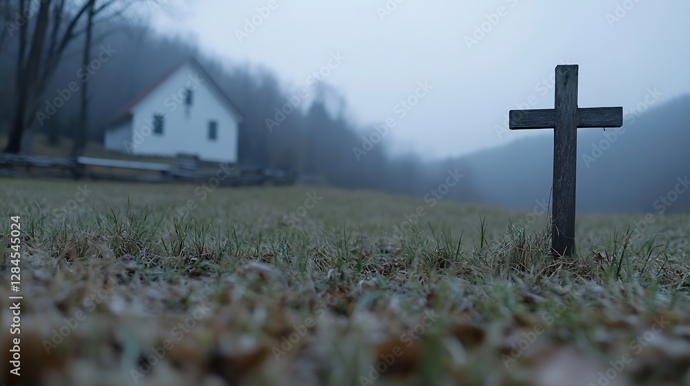 Poster Misty Landscape with Wooden Cross and Isolated House in the Background for Reflection : Generative AI